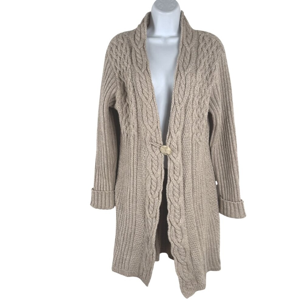 Inis Crafts‎ Fisherman Cardigan Sweater Medium Merino Wool Cable Knit CJ-2323
